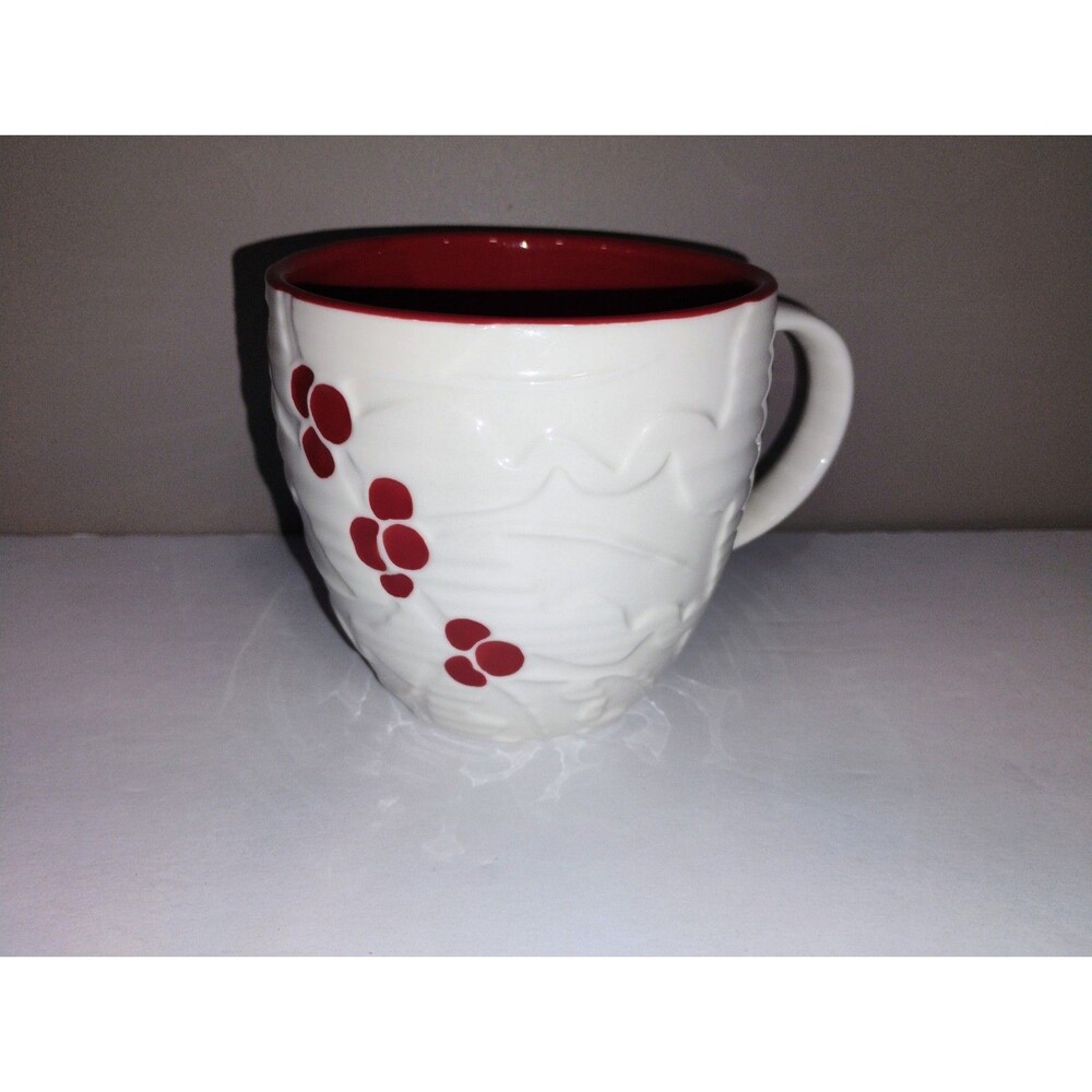 Starbucks 2010 Handpainted Mug Holiday Christmas Holly Berry White Coffee 16 oz